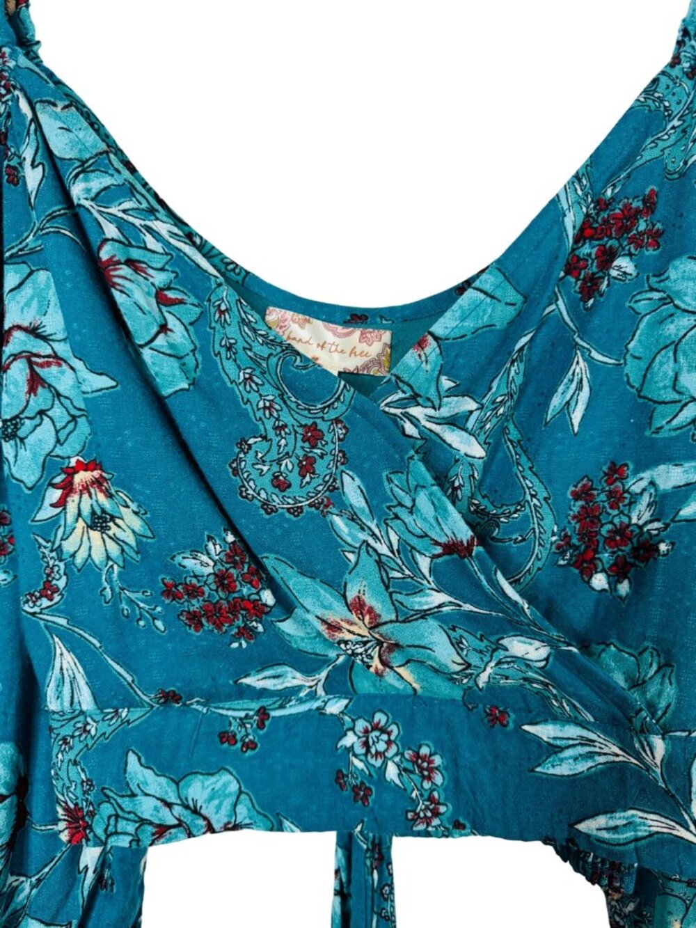 2/$30 New Large Band Of The Free - V Neckline Teal Red Floral Tie-Back Blouse - Picture 13 of 15